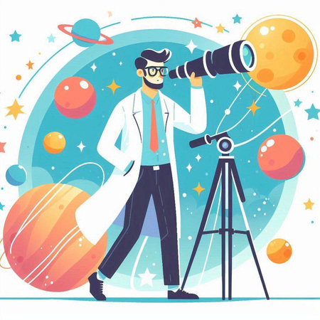 Astronaut in white coat and glasses looking through telescope, flat vector illustrationのイラスト素材