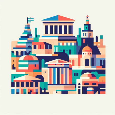 Colorful buildings in the city. Vector illustration. Flat style.のイラスト素材