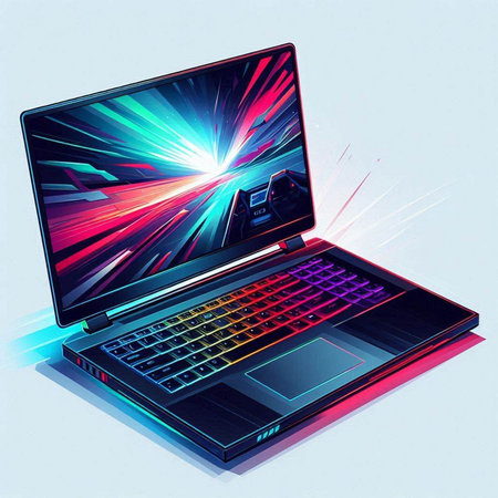 Laptop computer with colorful light beam on the screen. Vector illustration.のイラスト素材