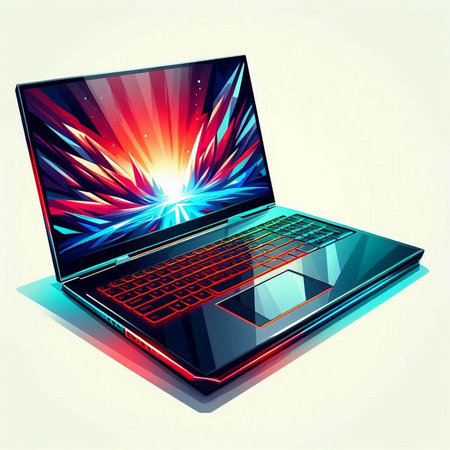Laptop computer with rays of light on the screen. Vector illustration.のイラスト素材
