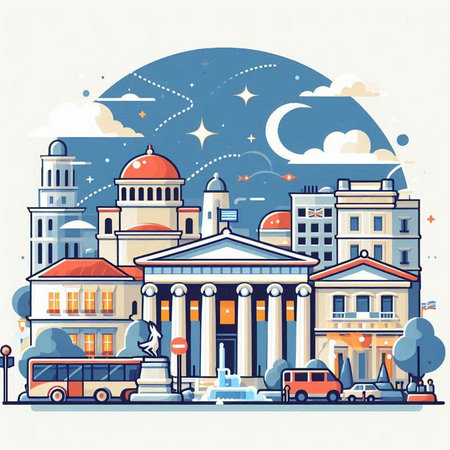 Bucharest cityscape with buildings and landmarks. Vector illustration.のイラスト素材