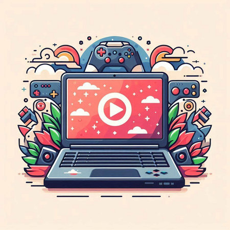 Laptop with video player on the screen. Flat vector illustration.のイラスト素材