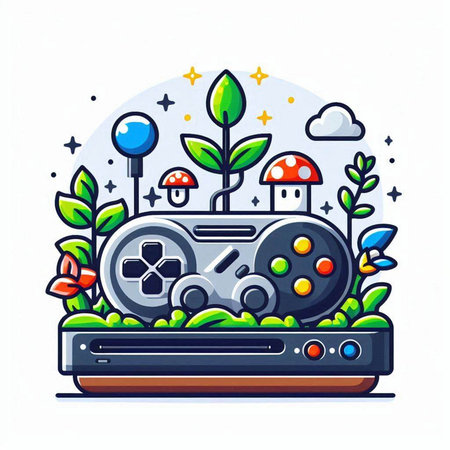 Game console with green plants. Vector illustration in flat cartoon style.のイラスト素材