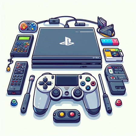 Vector illustration of a set of electronic gadgets. Game console, gamepad, joystick, mouse, headphones, video game controller and other devices.のイラスト素材