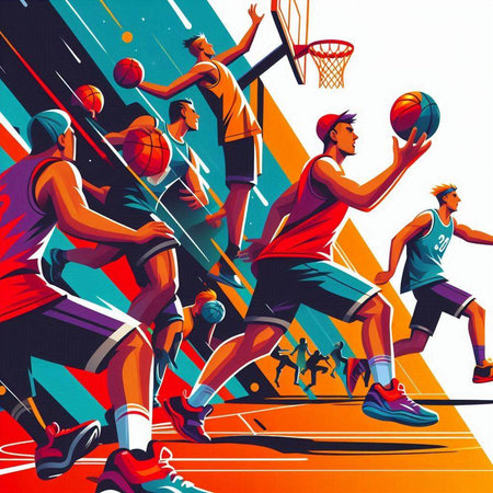 Basketball players in action on basketball court. Colorful vector illustration.のイラスト素材