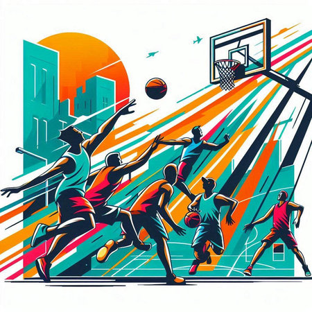 Basketball players in action on the basketball court. Vector illustration.のイラスト素材