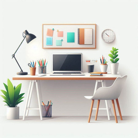 Workplace with computer and stationery on the table. Vector illustration.のイラスト素材