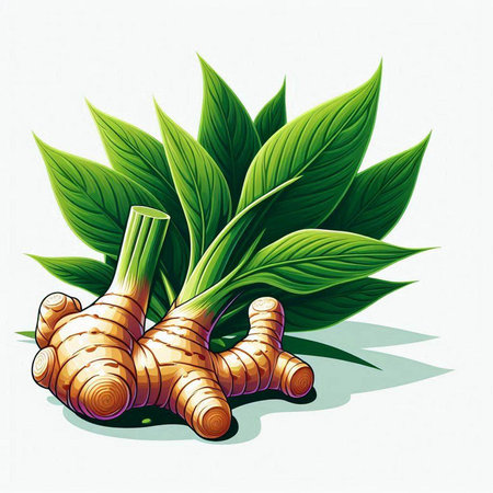 Ginger root with green leaves on white background. Vector illustration.のイラスト素材