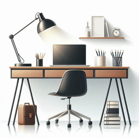 Workplace with computer, books, lamp and stationery. Vector illustration.のイラスト素材
