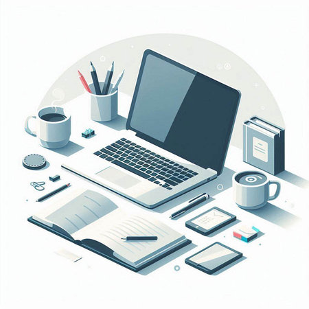 Laptop and office supplies on a white background. Vector illustration.のイラスト素材
