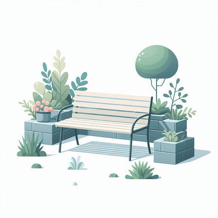 Wooden bench with floral ornament on white background. Vector illustration.のイラスト素材