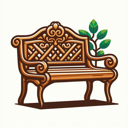 Illustration of a wooden bench with a flower on a white backgroundのイラスト素材