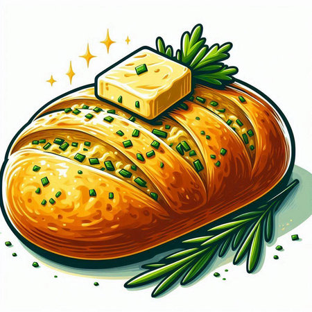 Illustration of a loaf of bread with butter and rosemary.のイラスト素材