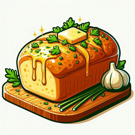 Vector illustration of a loaf of bread with butter and parsley.のイラスト素材