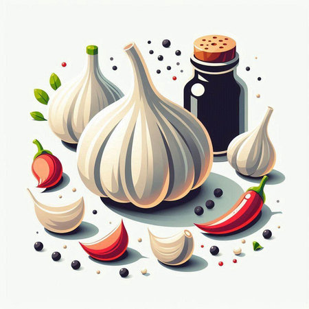 Garlic and pepper on white background. Vector illustration for your designのイラスト素材