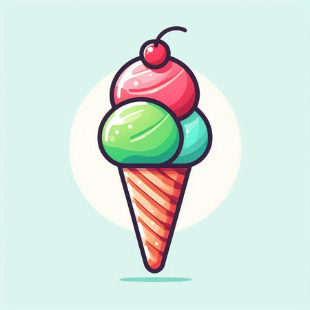 Ice cream in waffle cone with cherry and mint. Vector illustration.のイラスト素材