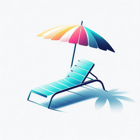 Illustration of sunbed and umbrella on a white background with reflectionのイラスト素材