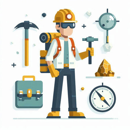 Vector illustration of a miner with tools and equipment. Flat style.のイラスト素材