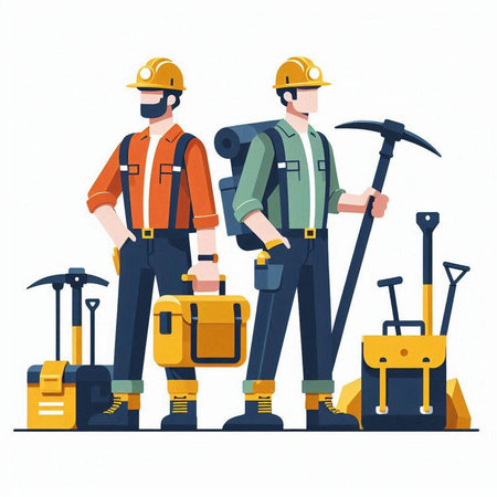 Workers in hardhats and helmets with tools. Vector illustration in flat styleのイラスト素材