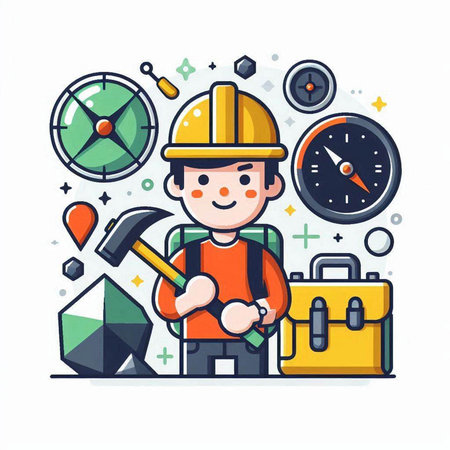 Builder with tools. Vector illustration in flat cartoon style. Construction worker with tools.のイラスト素材