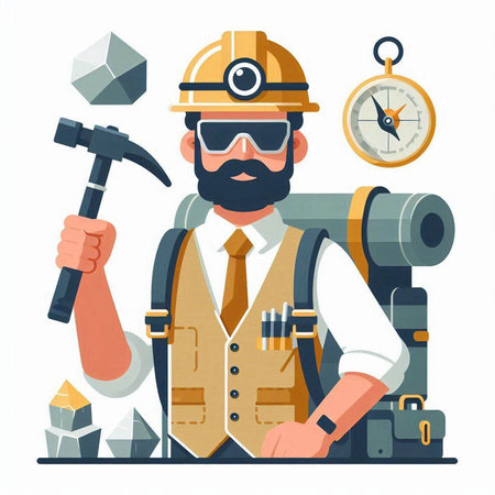 Miner with a beard and a helmet in a flat style. Vector illustrationのイラスト素材
