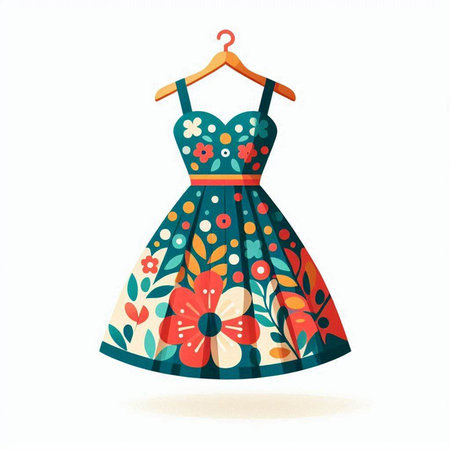 Illustration of a beautiful dress with floral pattern on a hangerのイラスト素材