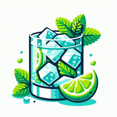 Cocktail with ice cubes, lime and mint. Vector illustration.のイラスト素材