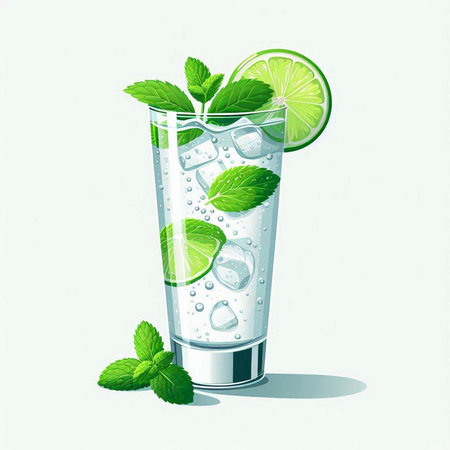 Mojito cocktail with lime, mint and ice. Vector illustration.のイラスト素材