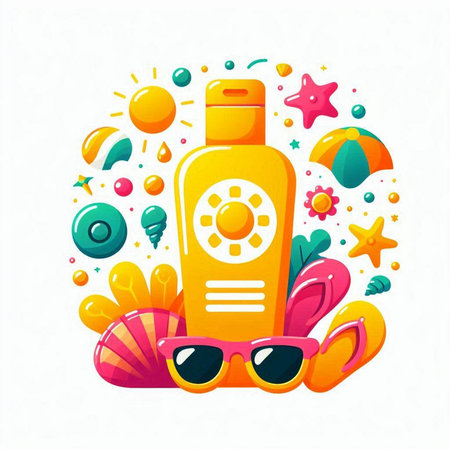 Vector illustration of sunblock bottle with sunglasses and starfish on white backgroundのイラスト素材
