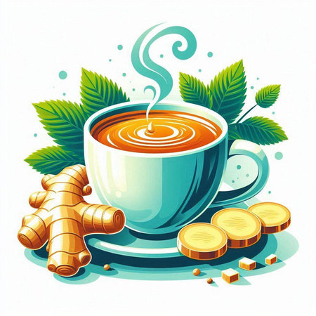 Cup of hot coffee with ginger and mint leaves. Vector illustration.のイラスト素材
