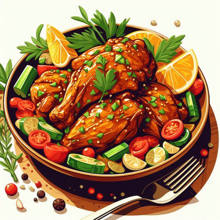 Illustration of a grilled chicken with lemon and vegetables on a plateのイラスト素材