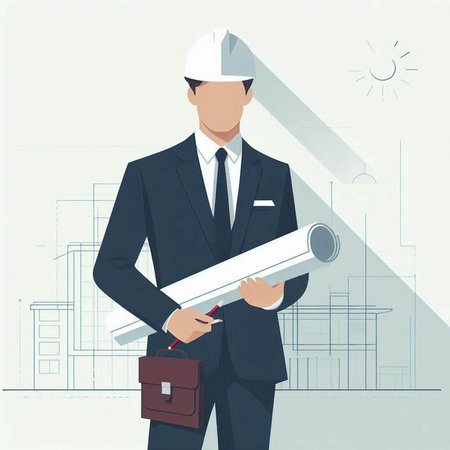 Architect or engineer with blueprints in hands. Vector illustration.のイラスト素材