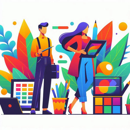 Vector illustration of a business man and woman in office. Flat style design.のイラスト素材
