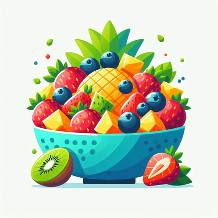 Vector illustration of fresh fruit salad in blue bowl. Healthy food.のイラスト素材