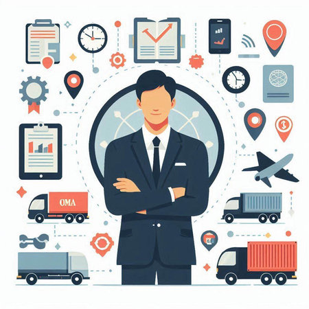 Vector flat illustration of logistics and delivery service. Man in a suit with crossed arms.のイラスト素材
