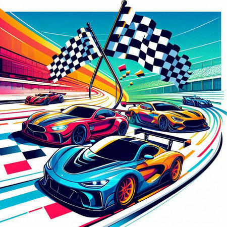 Sport car race on the road with checkered flags. Vector illustration.のイラスト素材