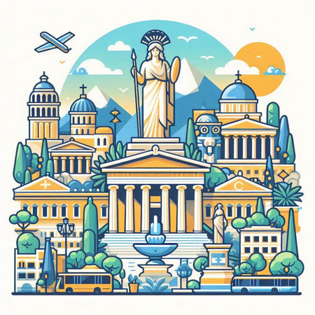 Vector illustration of famous landmarks in Greece. Travel and tourism concept.のイラスト素材