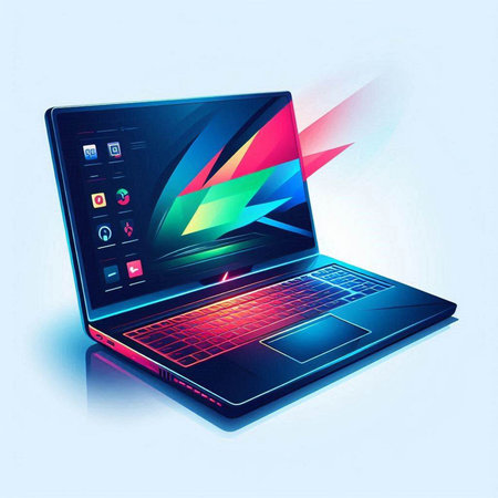 Laptop computer with colorful abstract background, 3d render illustration.のイラスト素材