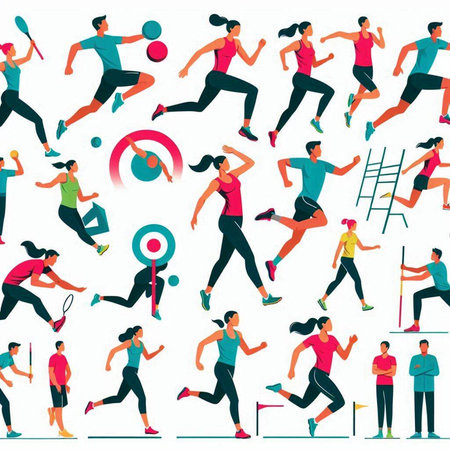 Set of vector illustrations of running men and women. Flat style.のイラスト素材