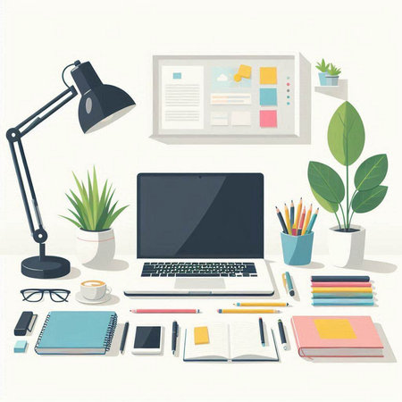Flat design modern office workspace with laptop, coffee cup, stationery and plants. Vector illustrationのイラスト素材