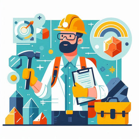 Engineer with tools. Vector illustration in a flat style. Workplace.のイラスト素材
