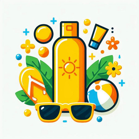 Summer flat design vector illustration with sunblock, sunglasses, beach ball and sunflowers.のイラスト素材