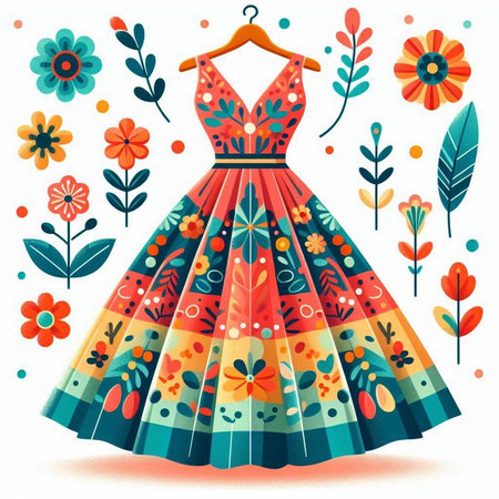 Beautiful dress with floral pattern on a hanger. Vector illustration.のイラスト素材