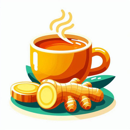 Cup of ginger tea with turmeric root, vector illustration.のイラスト素材