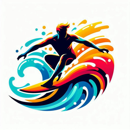 Surfer with surfboard, vector illustration. Sport and active lifestyle.のイラスト素材