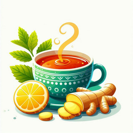 Cup of tea with ginger, lemon and mint. Vector illustration.のイラスト素材