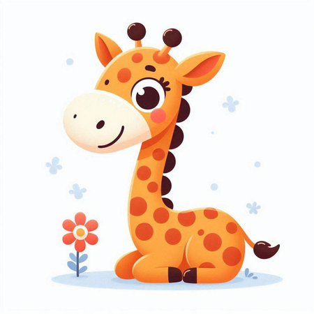 Cute cartoon giraffe with flowers on white background. Vector illustration.のイラスト素材