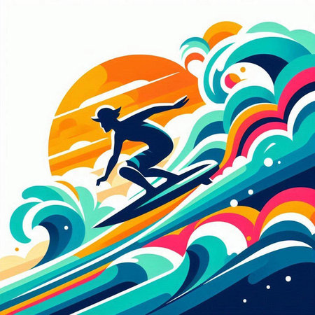 Surfer on the waves. Vector illustration in retro style. Eps 10のイラスト素材