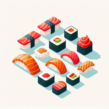 Sushi isometric composition with rolls and sushi rolls on light background vector illustrationのイラスト素材