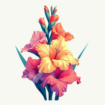 Beautiful gladiolus flowers bouquet. Vector illustration in retro styleのイラスト素材